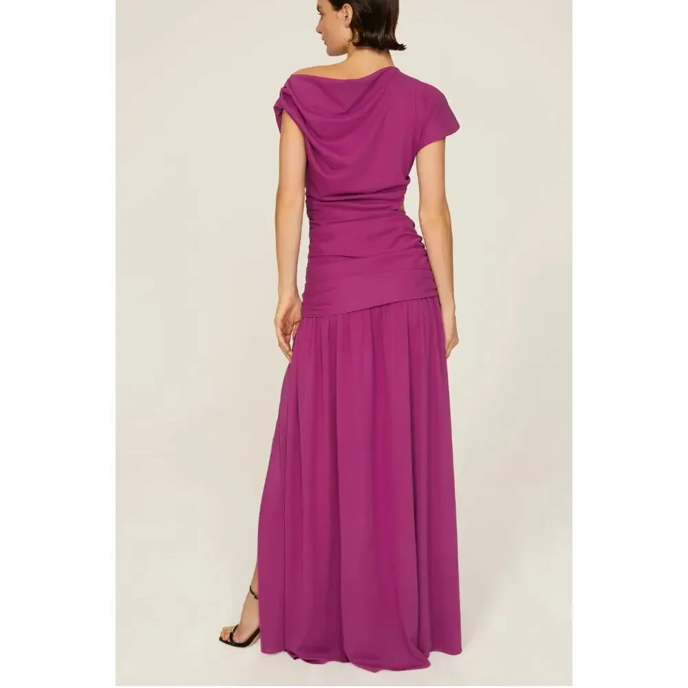 Tanya Taylor Magenta Ruched Gown SIZE 4 Cut Out Asymmetric Slit Designer $600 - Picture 4 of 12